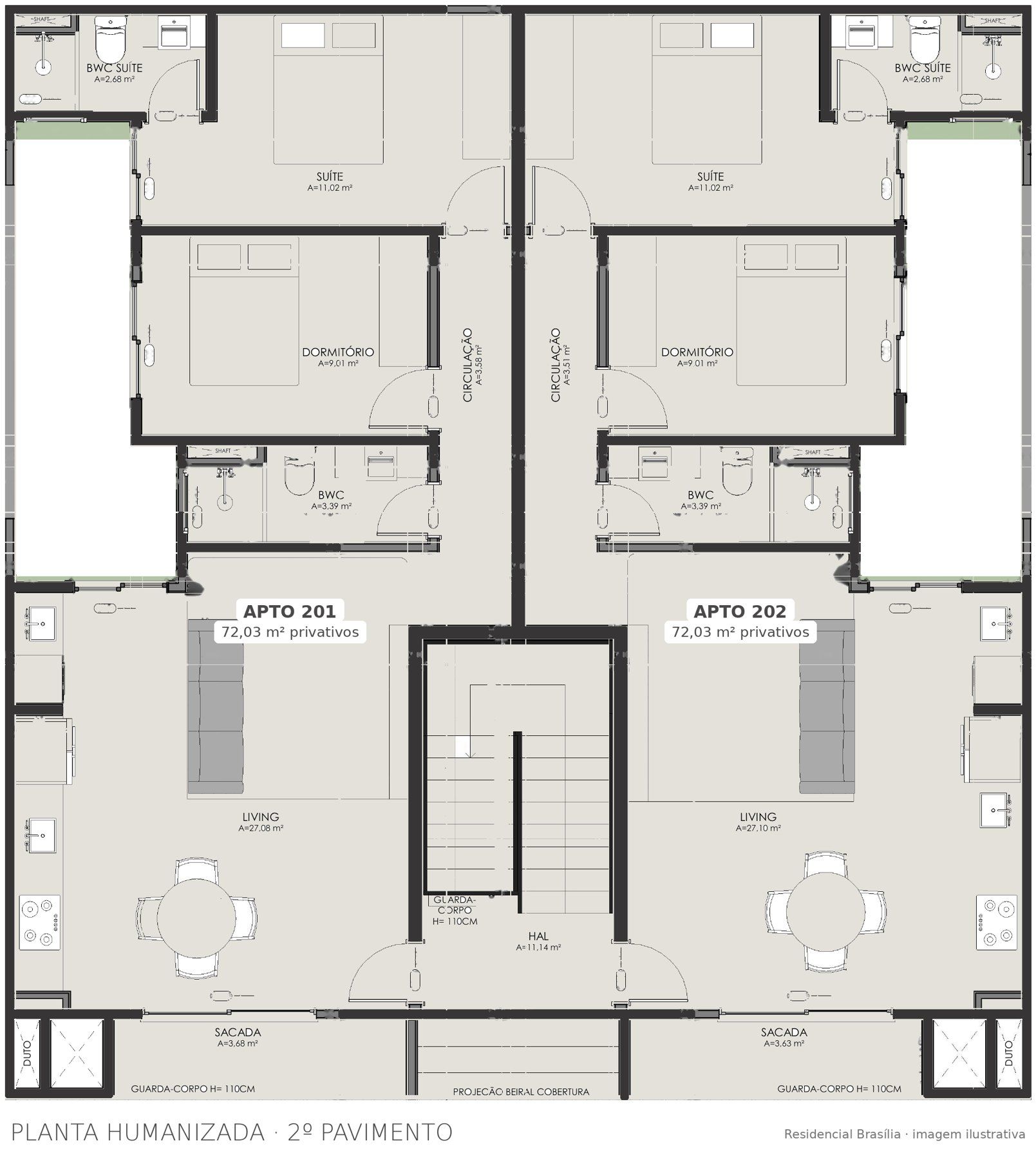 Planta humanizada do 2º pavimento: apartamentos 201 e 202