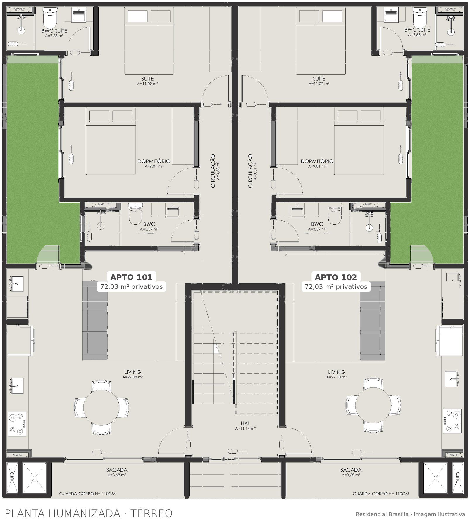 Planta humanizada do térreo: apartamentos 101 e 102, com jardim privativo